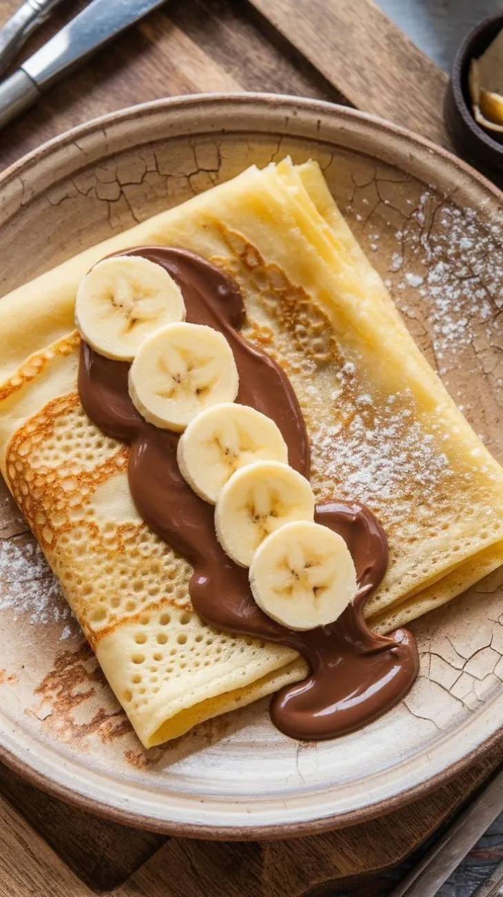 Crêpe pliée, pâte à tartiner et rondelles de banane, saupoudrée de sucre glace