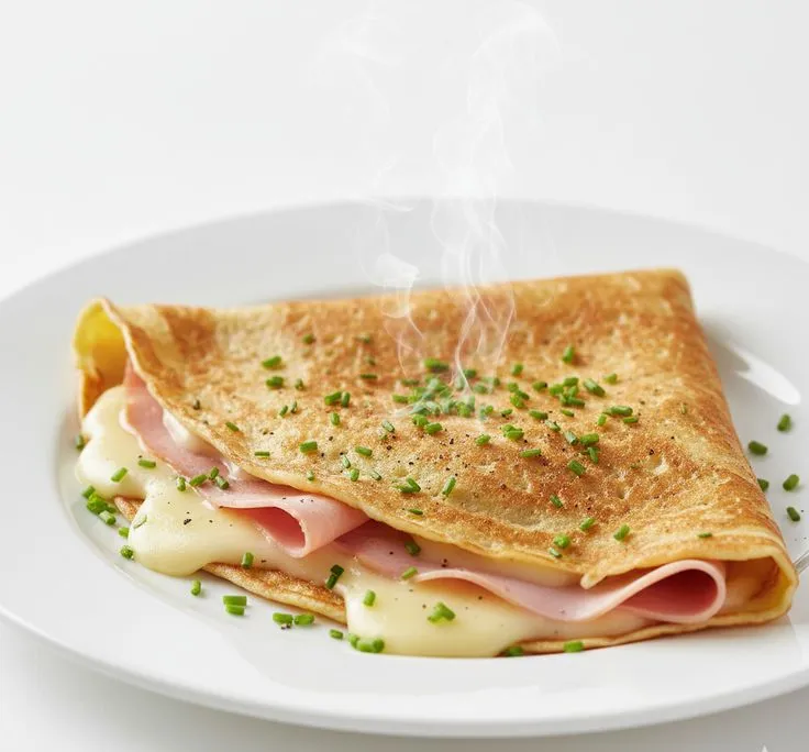 Crêpe au jambon et fromage fondu, ciboulette